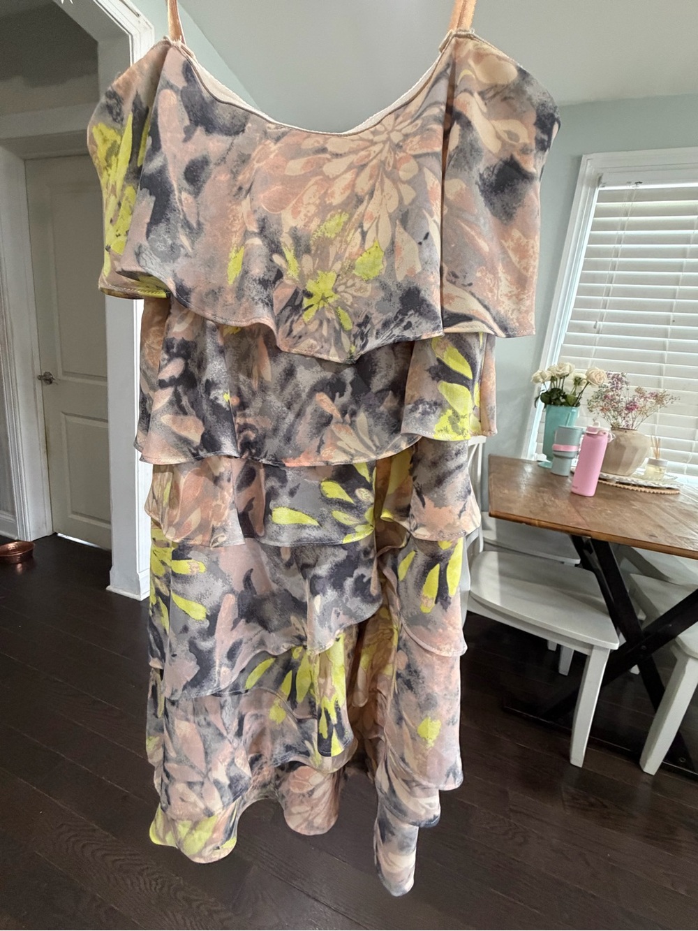 BCBGMaxAzria Peach Floral Ruffle Tiered Mini Dress with Lime Accents